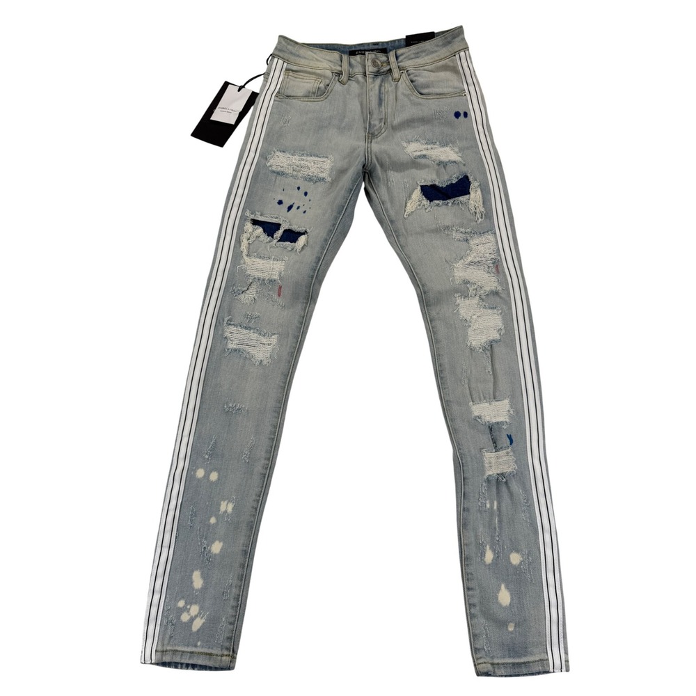 Embellish Distressed Ripped Denim Jeans White Stripe‎ Light Wash Womens Size 28